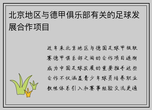 北京地区与德甲俱乐部有关的足球发展合作项目