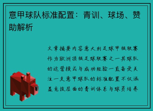 意甲球队标准配置：青训、球场、赞助解析