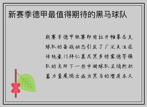 新赛季德甲最值得期待的黑马球队